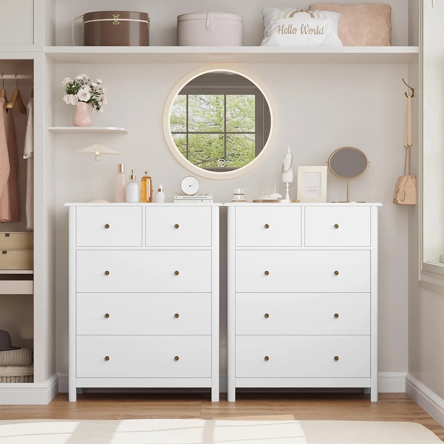 White Dresser with 5 Drawers, Tall Chest of Drawers, 5 Drawer Dresser with Deep Space, Wood Storage Cabinet for Living Room