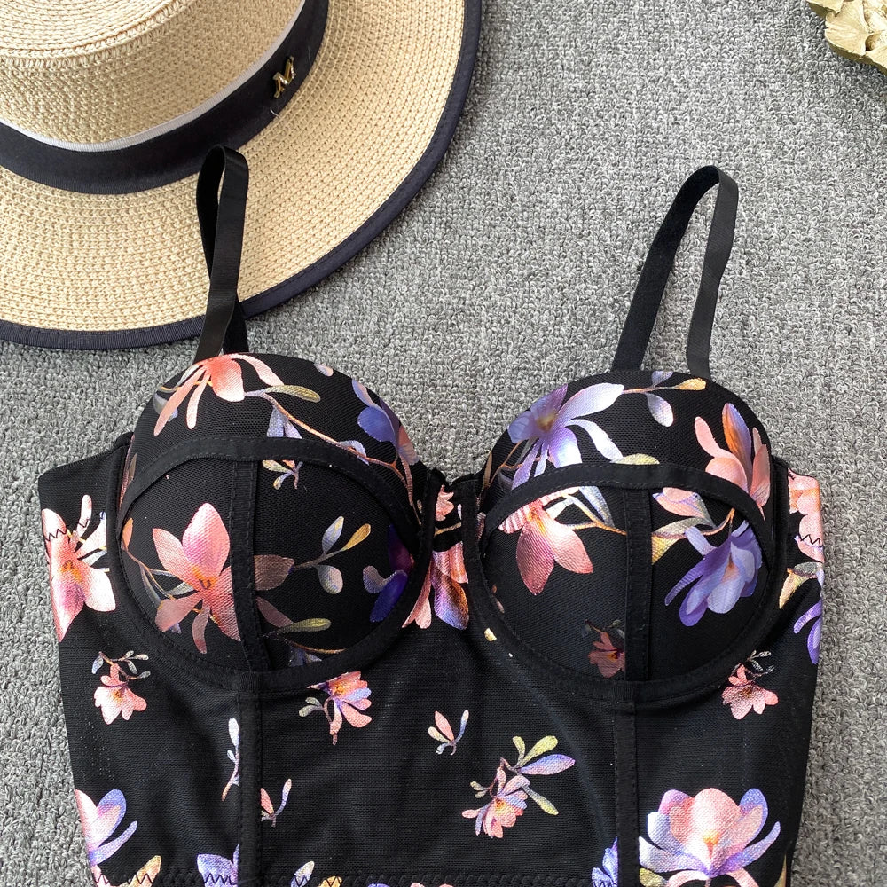 Women Sexy Floral printed Corset Tank Top Nightclub Party Short Chest Binder Camisole Girl Push Up Bustier Lady Bra Lingerie