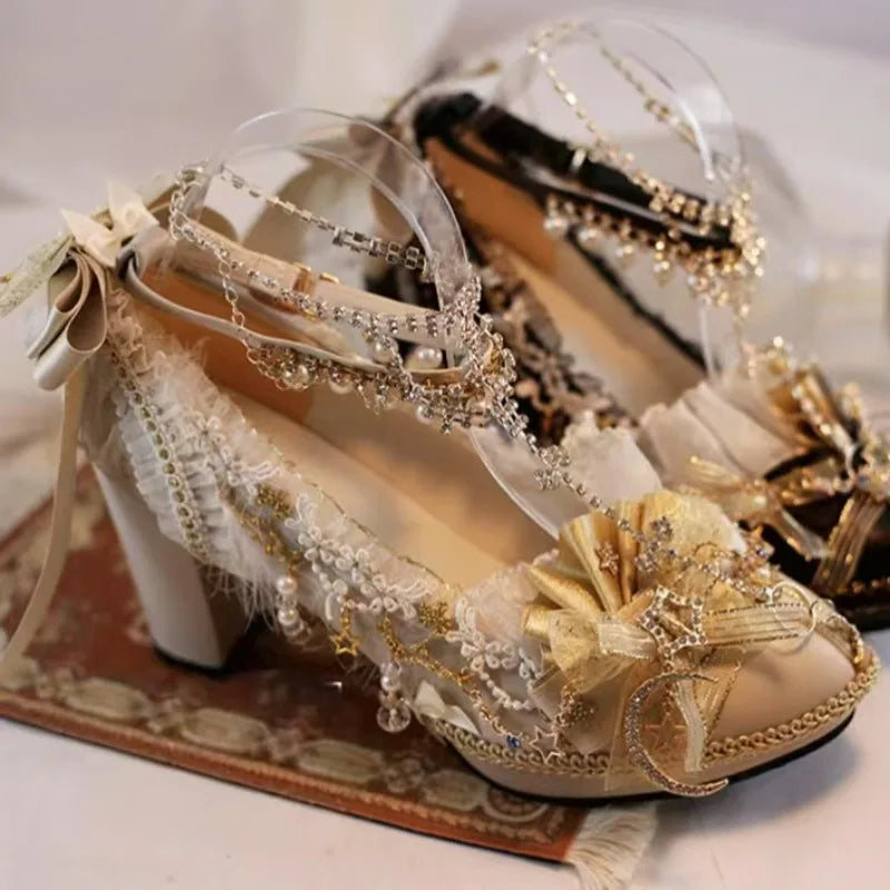 2025 Original Handmade Lolita High Heels Mary Jane Princess Shoes Dress Dress Middle Heels Women Kawaii Wedding Shoes Bridal