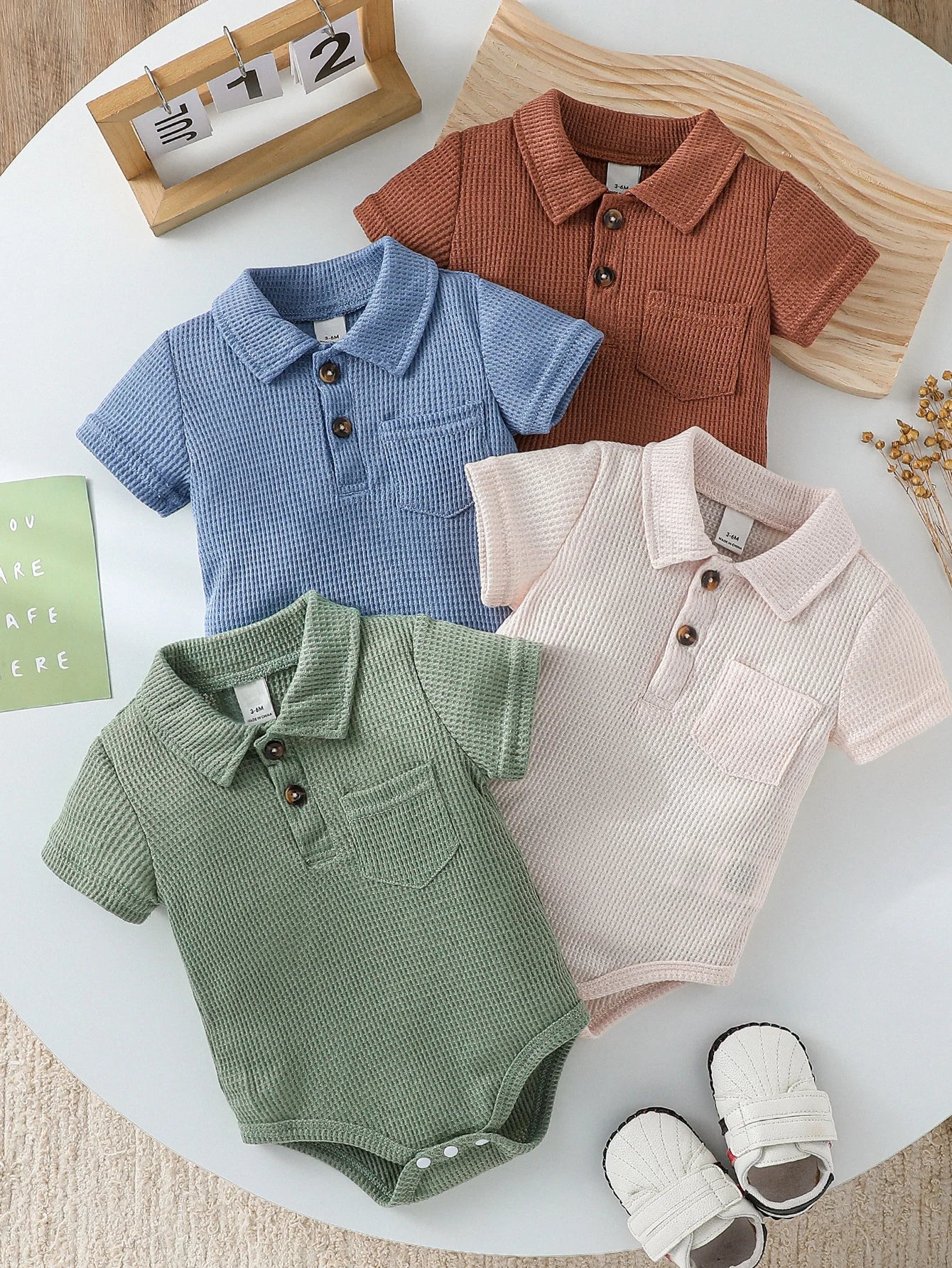 4Pcs/ Baby Boys Four Seasons Fashion  Waffle pattern Short Sleeve Bodysuits For 0-1Y Casual Daily Wear Romper Clothes Jumpsuit