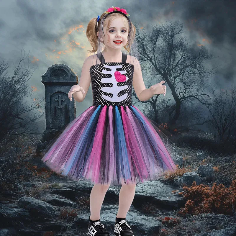 Children's Halloween Zombie Bride Horror Skeleton Vampire Puff Dress Flower Tutu Dress Stage Role Playing  Sleeveless Dress