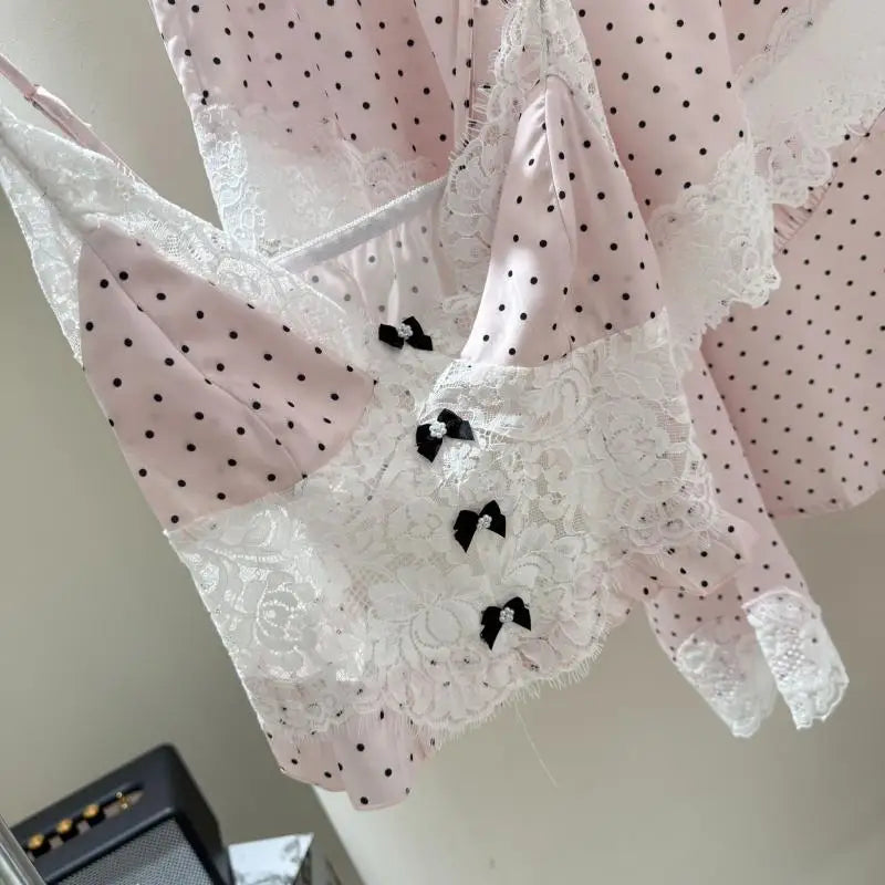 Princess Style Pink Dot Lace Pajamas Set Sexy Vest Top Shorts Pijama Mujer Summer Spring New Loungewear Ice Silk Lingerie