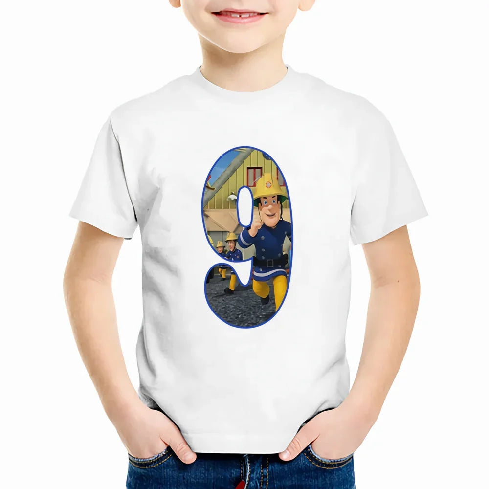 Baby Kids Cartoon Birthday Number 1-9 Print T Shirt Fireman Sam Children T-shirts Boys Girls Funny Gift Summer Clothes,YKP022