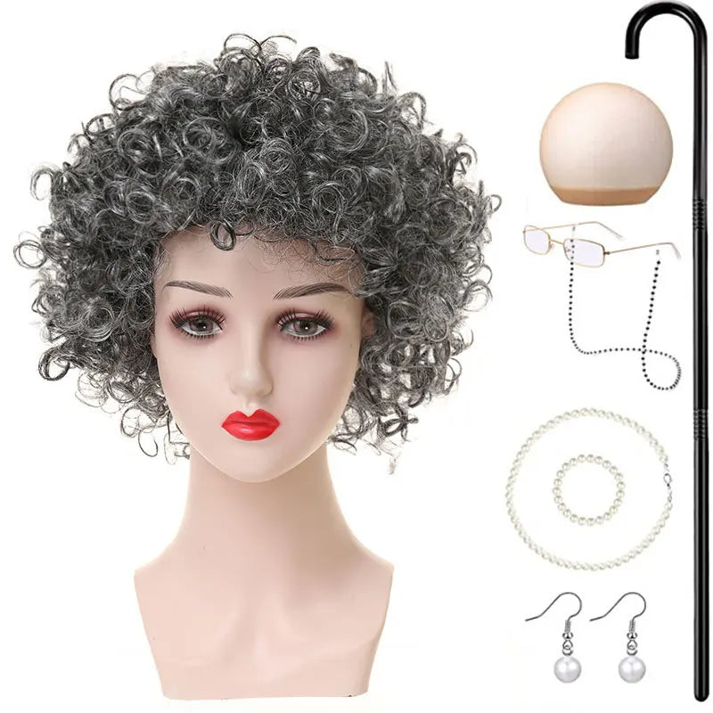 Halloween Granny Granny Grey Wig Grandpa Hair Granny Chartered Woman Curling Iron Wig Set