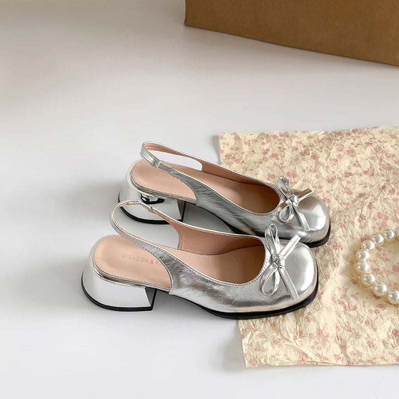 2025 New Summer Thick Heel Women Sandals Elegant Butterfly-knot Ladies Slip On Singbacks Dress Shoes