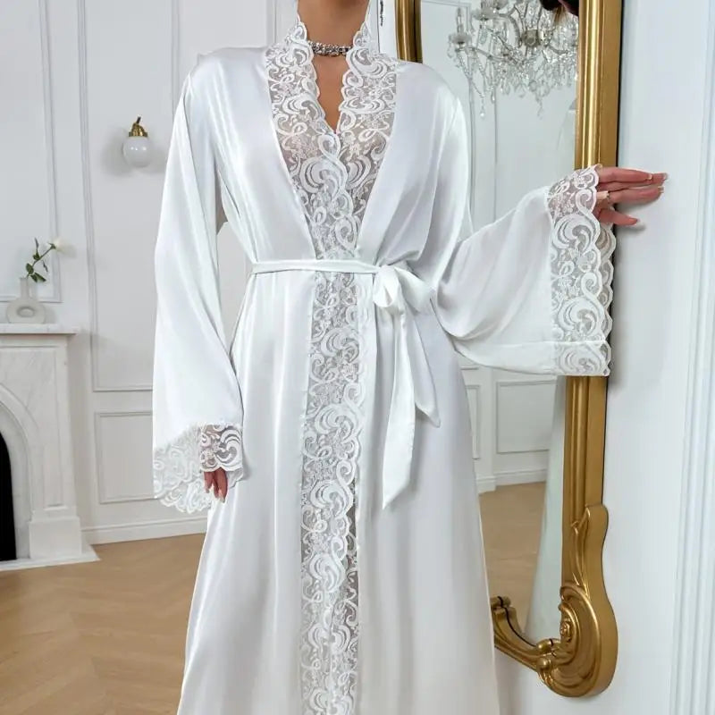 Sexy Lace Patchwork Nightwear Vestidos De Novia Women Wedding Dress Satin Kimono Bathrobe Intimate Lingerie Long Pijama Mujer