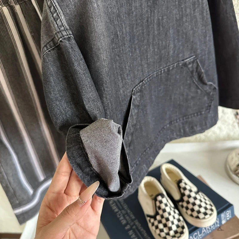 2025 Autumn/winter New Children's Retro Forest Style Design with Original Color Hooded Denim Jacket