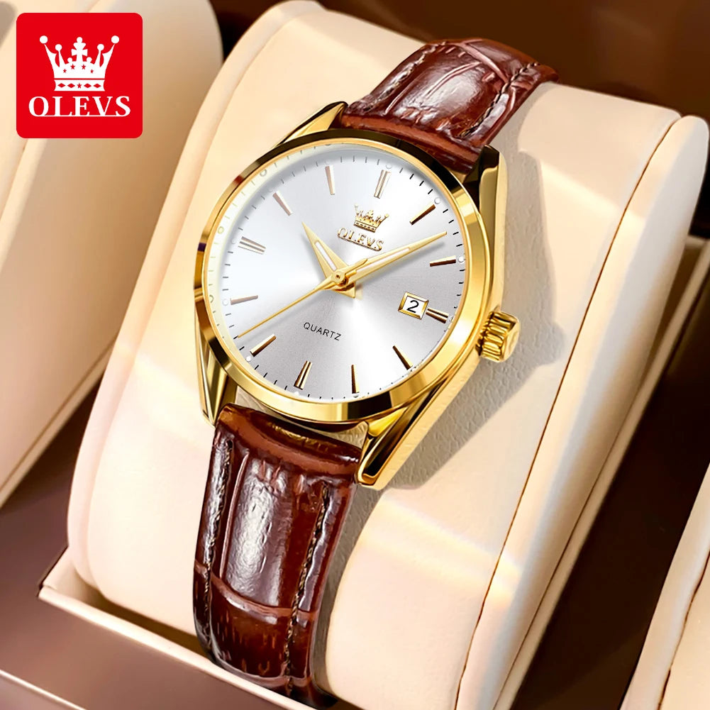 OLEVS Watch 6898 Women Watches Original Elegant Quartz Watch Waterproof Luminous Leather Strap Date Ladies Set Bracelet Watch