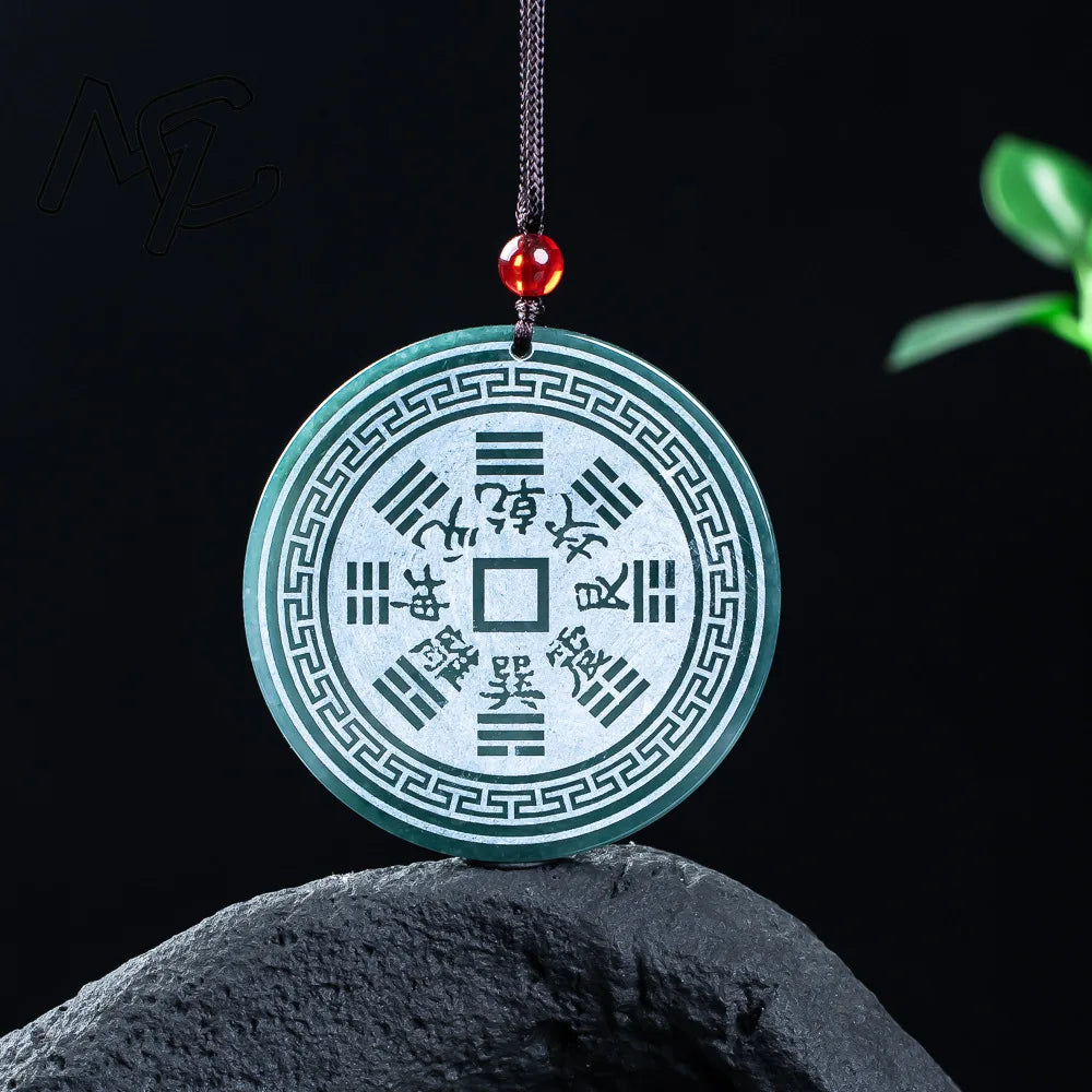 Real Natural Jadeite Blue Water Mountain Ghost Coin Pendant Necklace Carved Charm Jewelry Fashion Amulet Gifts for Men Women