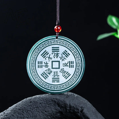 Real Natural Jadeite Blue Water Mountain Ghost Coin Pendant Necklace Carved Charm Jewelry Fashion Amulet Gifts for Men Women