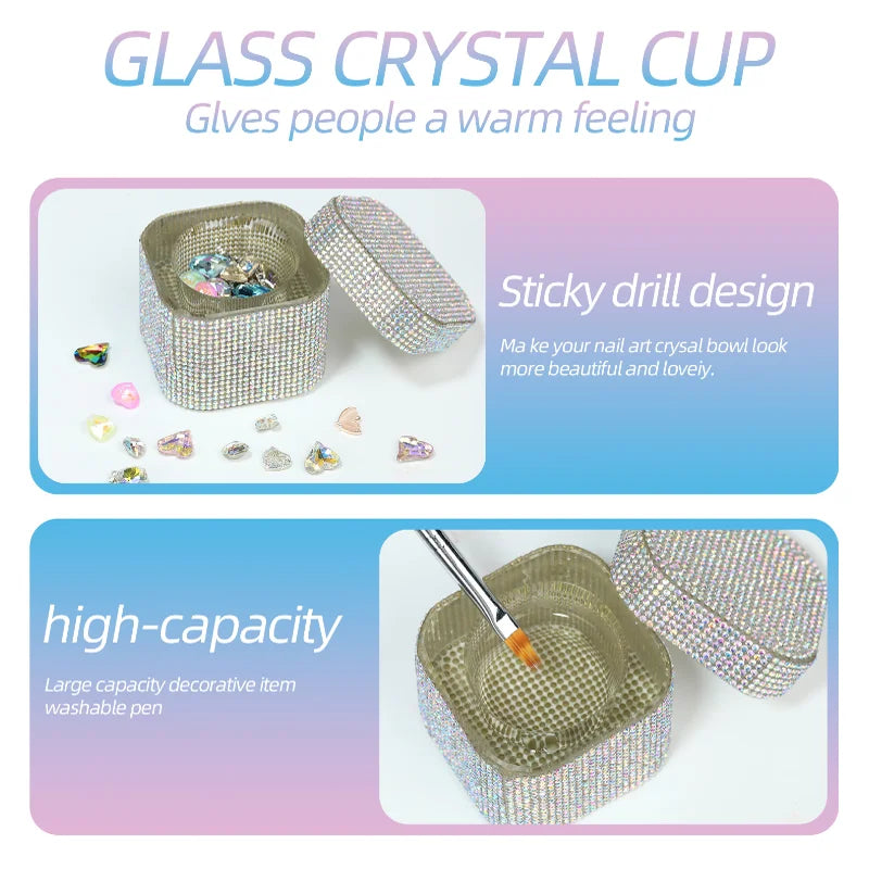 Nail Art Full Diamond Storage Bowl Nail Pen Brush Wash Cup Nail Salon Shiny Glass Crystal Cleaning Container Nail Art Accessory