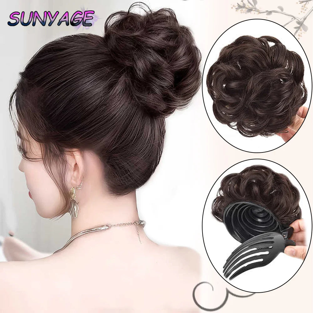 SUNYAGE Headdress Human hair Curled hair bun Head Claw Clip Fluffy Beauty Extension High Temperature Bride Hair Shapers