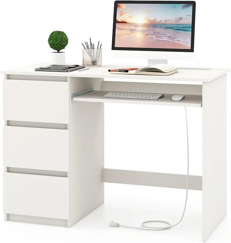 Computer Desk with 3 Storage Drawers & Built-in Charging Station, Home Office Desk with Keyboard Tray, PC Desk Study Wr
