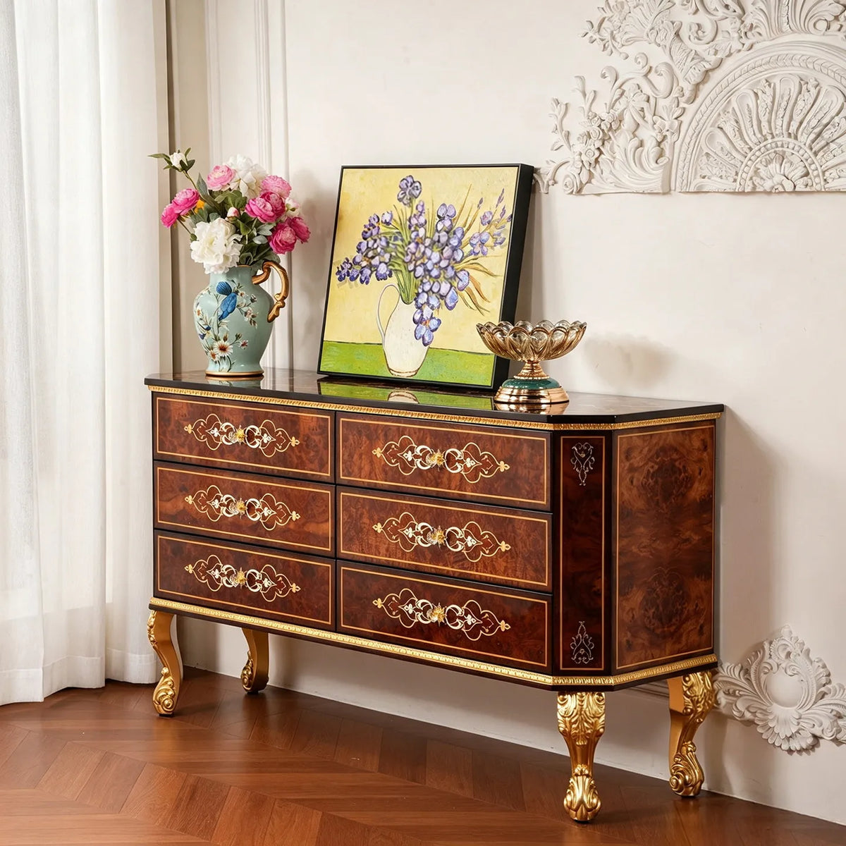 French retro solid wood large chest cabinet European classical home decoration locker villa living room storage cabinet
