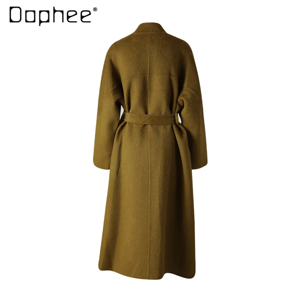 Fashion Elegant Large Lapel Double-Sided Wool Coat for Women Autumn Winter High-End Tie-Up Versatile Loose Slim Woolen Jacket