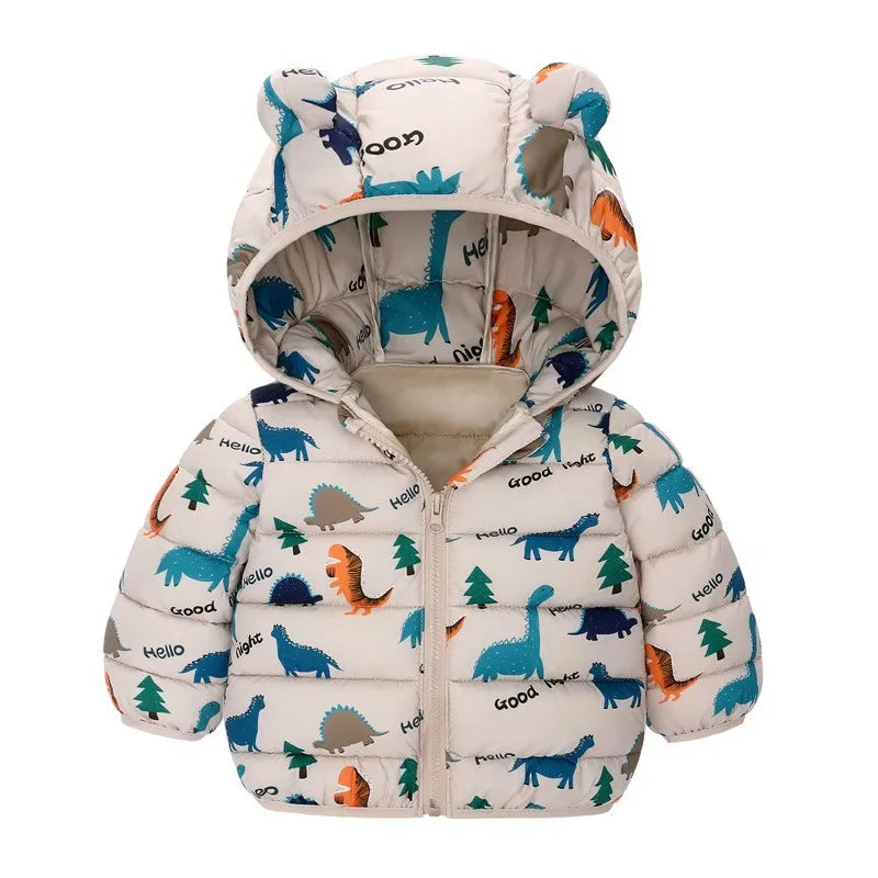 Children Boys Baby Hooded Lightweight Down Jackets Warm Outerwear Autumn Kids Girls Coats Cartoon Dinosaur Print Casual Clothing