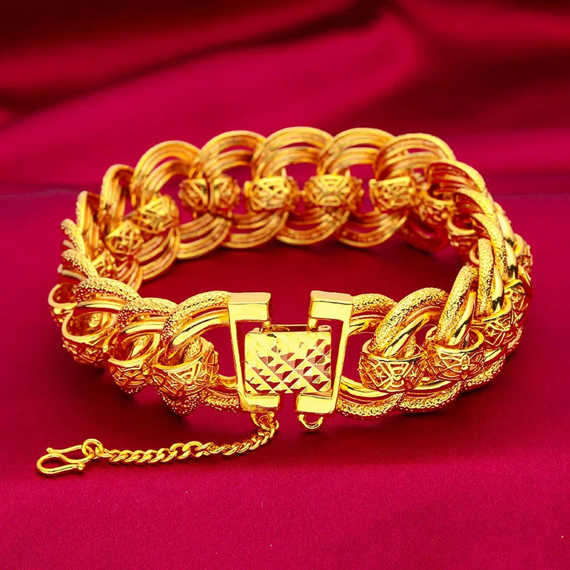 20mm Width Orginal 24k Gold Color Hollow Fried Dough Twist Bracelet for Women Bride Wedding Birthday Luck Yellow Gold Bracelets
