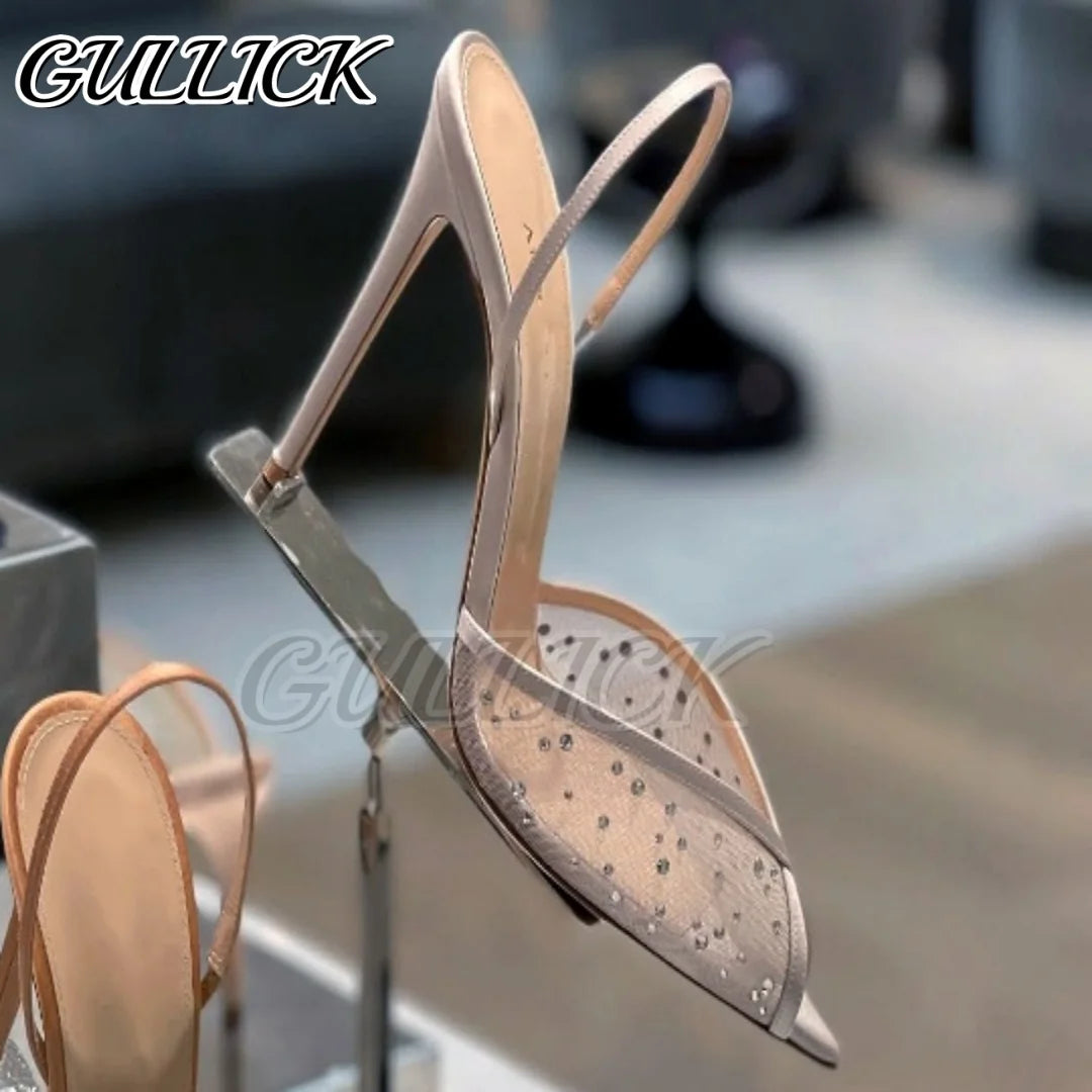 Rhinestones Heeled Sandals Pointed Toe High Heels Air Mesh Slip On Pull On Shoes Women Luxury Designer Slingback Sandalias 2025