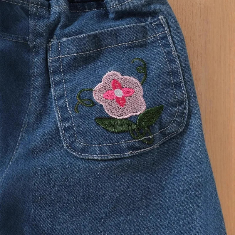 2025 Summer New Mesh Puffy Sleeve T-Shirt + Embroidered Denim Shorts 2 Piece Girl's Set