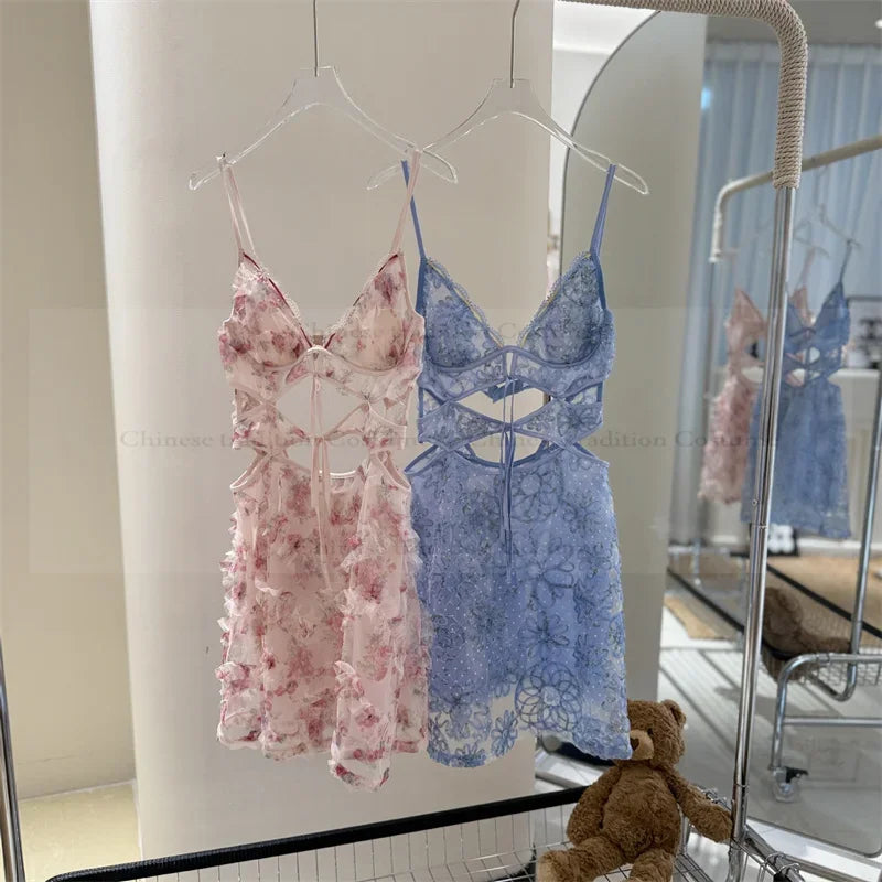 Sexy Spaghetti Strap Mini Homewear Women Sweet Floral Lingerie Hollow Out Lace Bandage Nightgown Sleepweawr Nightwear