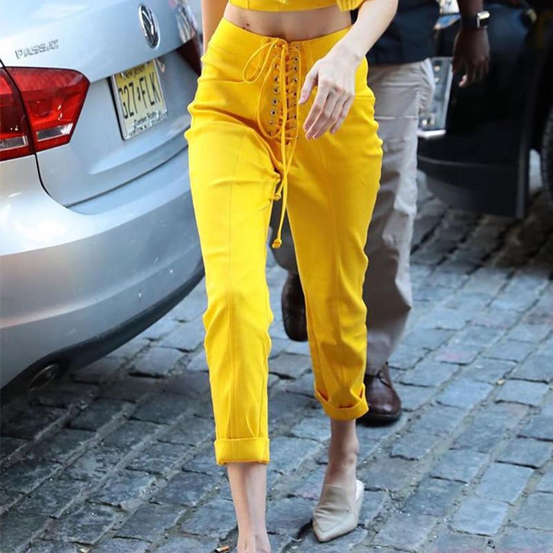 Lace up bodycon long pants autumn winter 2019 yellow sexy