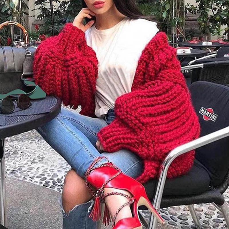Long lantern sleeve black knitted cardigan Women loose sexy