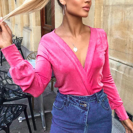 Velvet shirt women blouse top female Sexy v-neck shirts