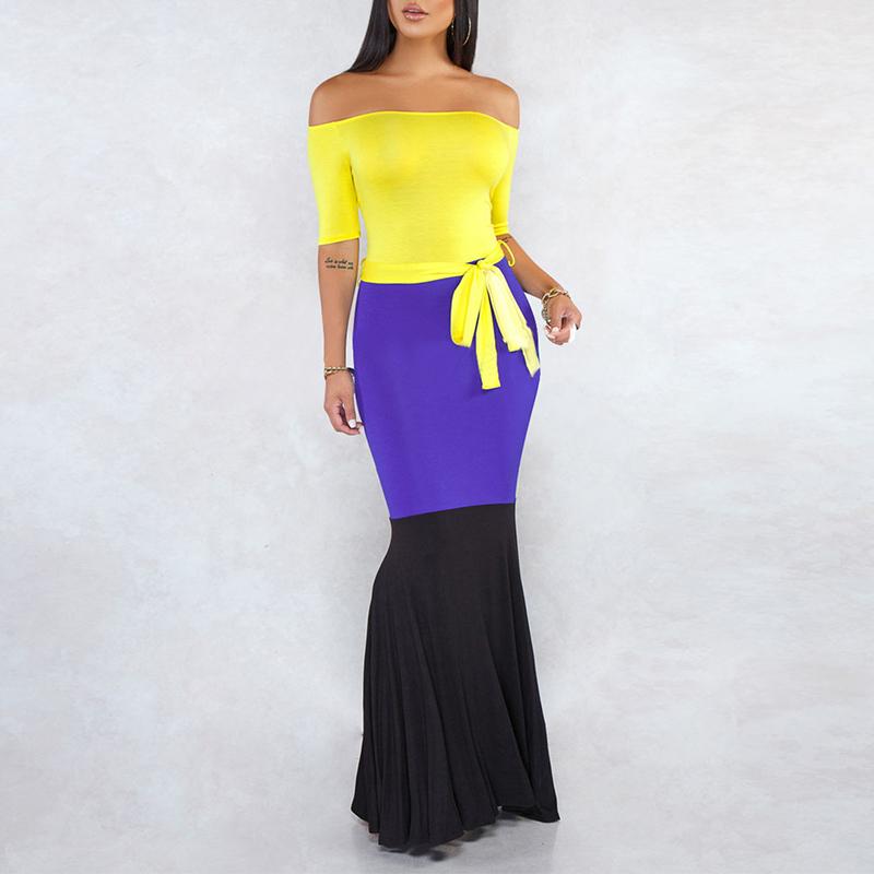 Patchwork off shoulder sexy dress Bodycon elegant sashes ball