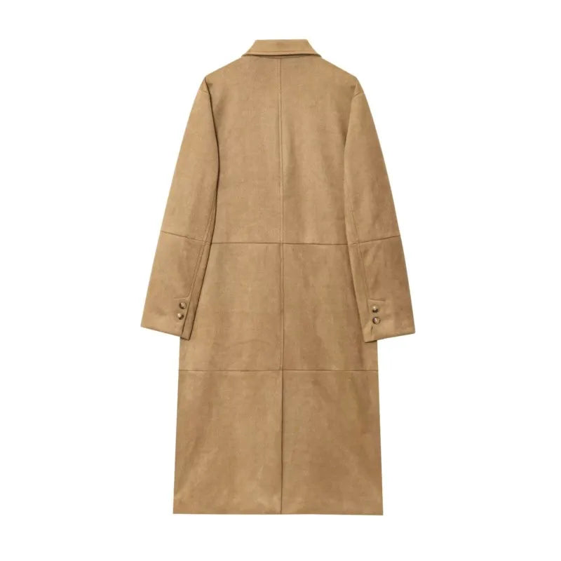 Suede Leather Coat Women Autumn Casual Long Sleeve Notched Lapel Collar Button Jacket Suit Collar Single Buckle Female Overcoat