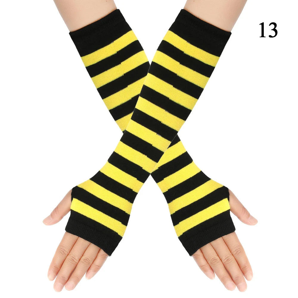 Macaroon Color Striped Long Sleeves Fashion Punk Long Fingerless Gloves For Women Men Outdoor Christmas Ornament  Arm Warmer