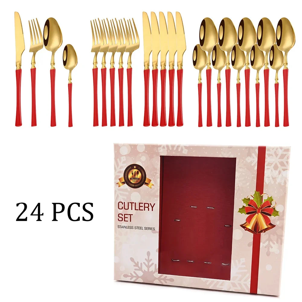 Christmas 24Pcs Gold Dinnerware Stainless Steel Cutlery Set Dinner Flatware Knife Fork Spoon Luxury Kitchen Tableware Gift Box