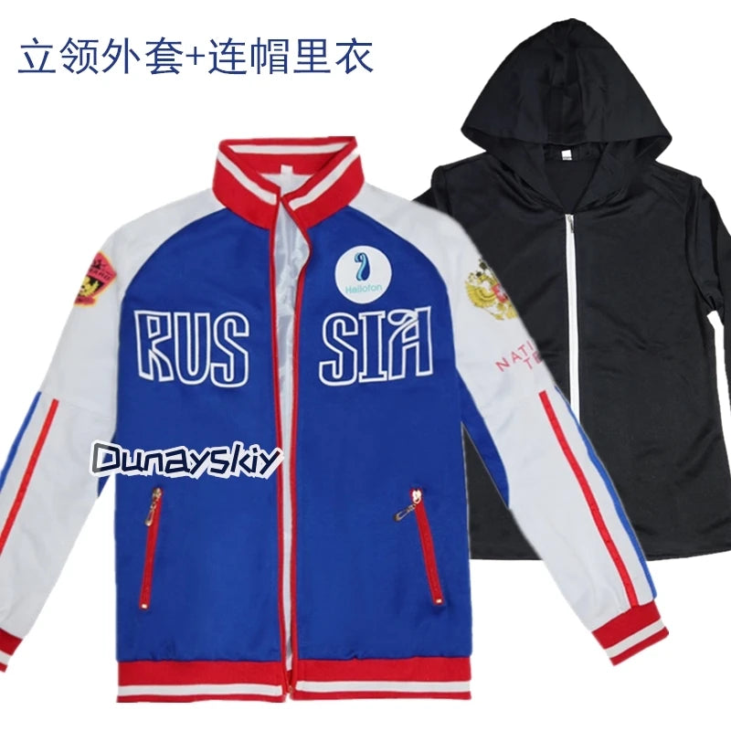 Anime Yuri Plisetsky Victor Nikiforov Cosplay 코스프레 Red Blue Coat Jacket Pants Anime Unisex Halloween Sportswear for Women Men