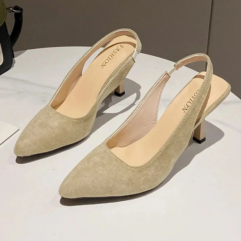 French Style Women's High Heels 2025 Summer New Elegant Faux Suede Leather Pointed Sexy Party Sandals Single Shoes Plus Size 43
