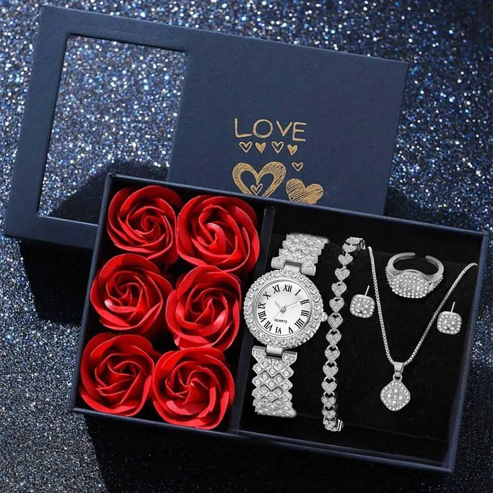 6PCS/SET Luxury Trendy Fashion Roman Digital Scale Quartz Watch Bracelet Necklace Earrings Set Perfect Gift for Friends or Moms