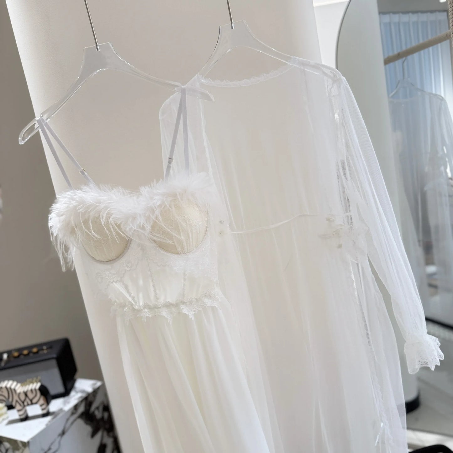 Fairy Wedding Robe Set Bride Morning Dressing Gown Sexy Mesh Perspective Robe Suit 2Pcs Spaghetti Strap Pajamas Lingerie