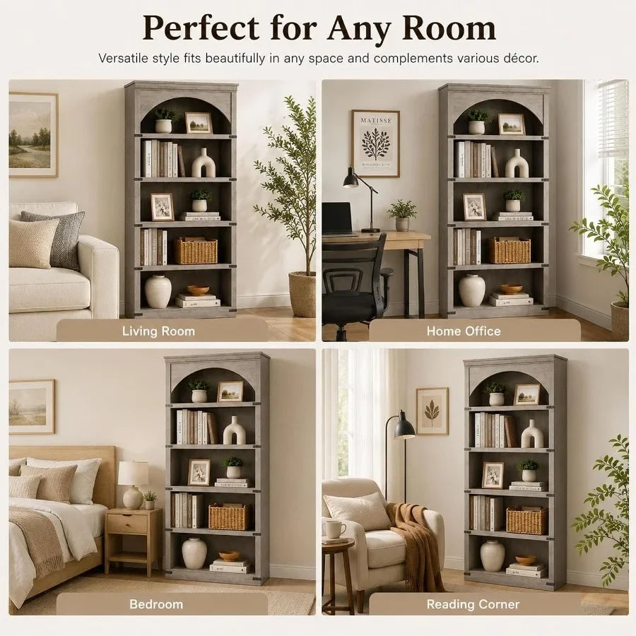 68.7 Tall Farmhouse Arched Bookcase, 5-Tier Vintage Wood Bookshelf, Rustic Arch Display Storage Cabinet for Living Room, Home O