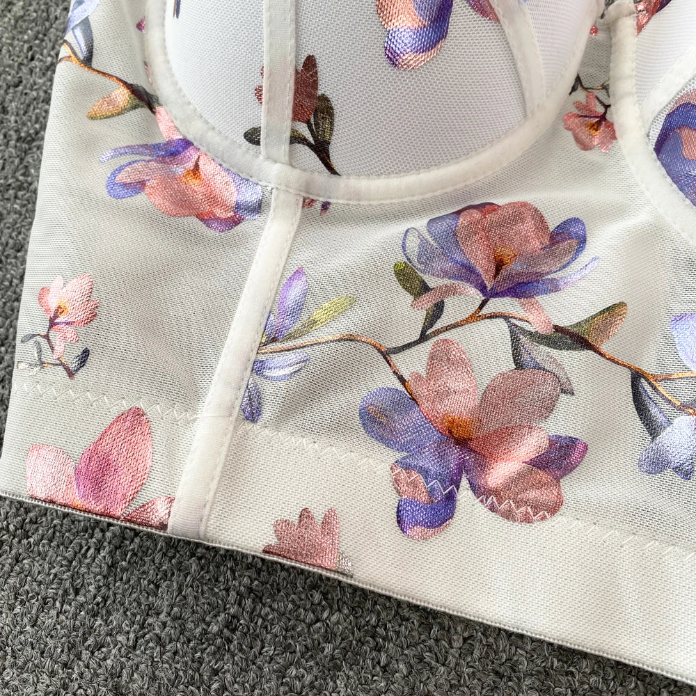 Women Sexy Floral printed Corset Tank Top Nightclub Party Short Chest Binder Camisole Girl Push Up Bustier Lady Bra Lingerie