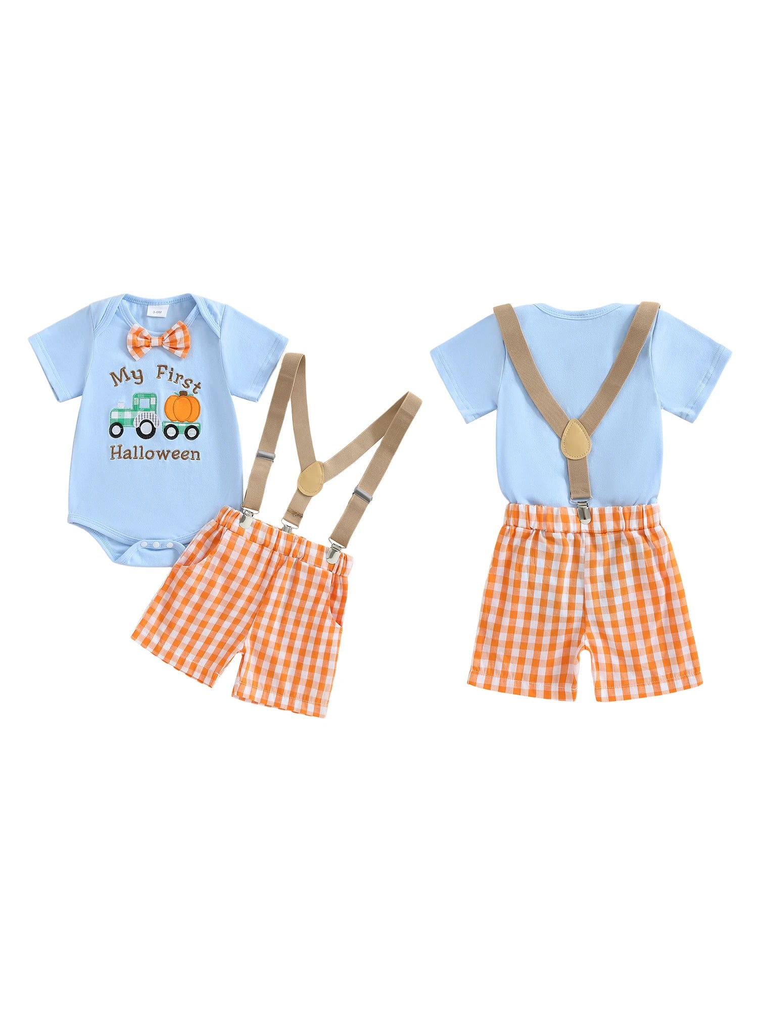 Cute Toddler Halloween Costume Pumpkin Patchwork Long Sleeve Romper with Checkered Suspenders Pants 2 Piece Set for Boys