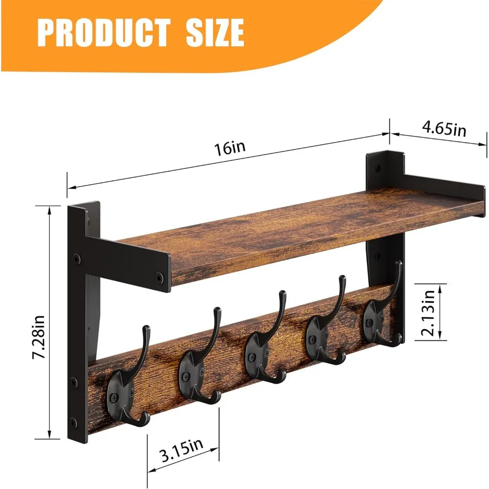 wall hooks with shelf, wood coat rack with shelf wall-mounted, entryway hanging shelves with 5 metal hooks for clothes hats towe