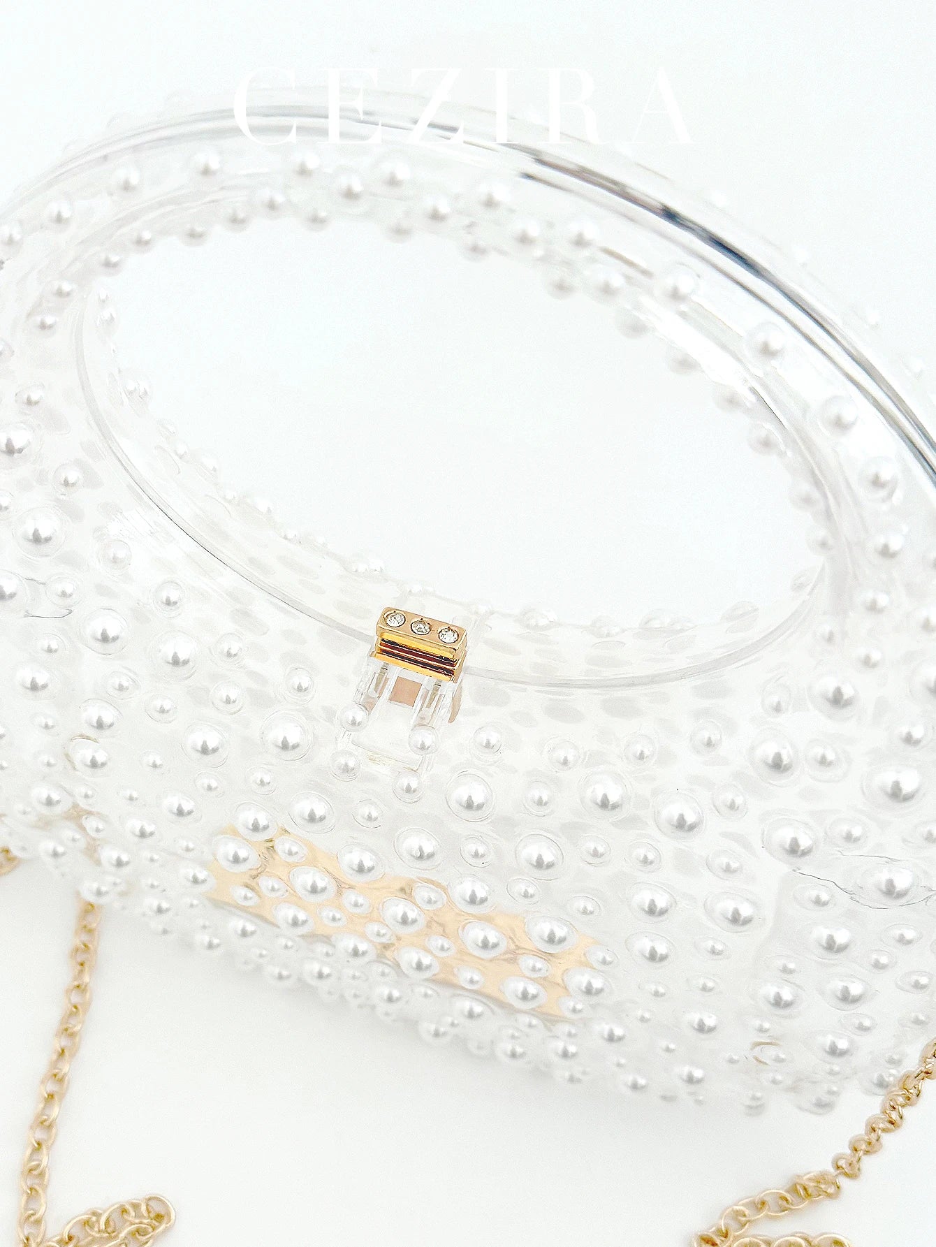 CR Women's Romantic Elegant Clear Acrylic Top-handle Bag Luxury All Over Pearls Long Chain Evening Purse Bride Handbag Wedding