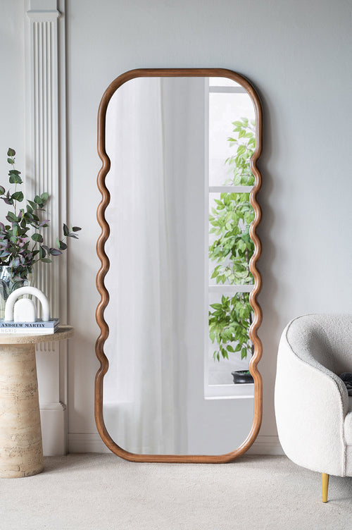 Oversized Curved Wood Frame Floor Mirror, Brown, 31.4 × 74 in