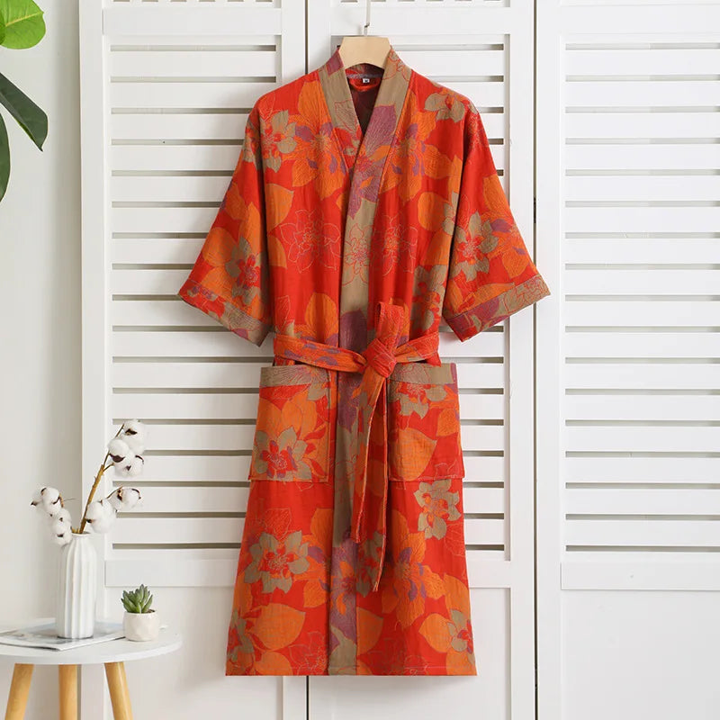 Double Layer Cotton Gauze Long Robe Retro Jacquard Kimono Bathrobe Gown Spring Summer Sleepwear Couple Pijama Loose Lingerie