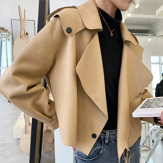 Women's Sheepskin Coat Plus Size Short Loose Veste Femme Large Lapel Pocket Gray/Dark Green/Pink/Khaki Locomotive Leather Jacket
