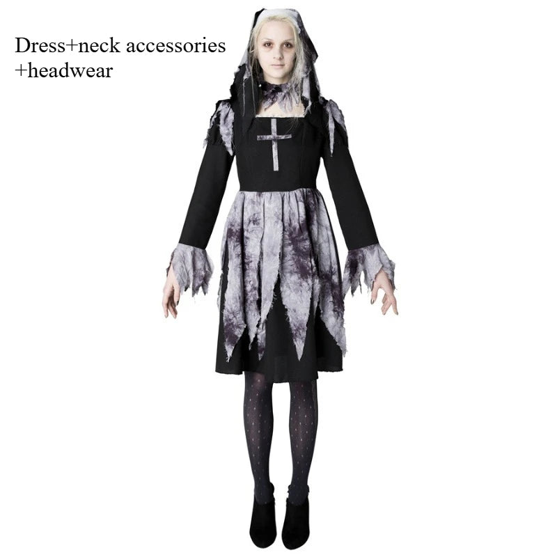 New Halloween Costume Adult Women Priest Cross Maria Dress Nun's uniform Dark Night Vampire Ghost Doll Terror Theme Party Fancy