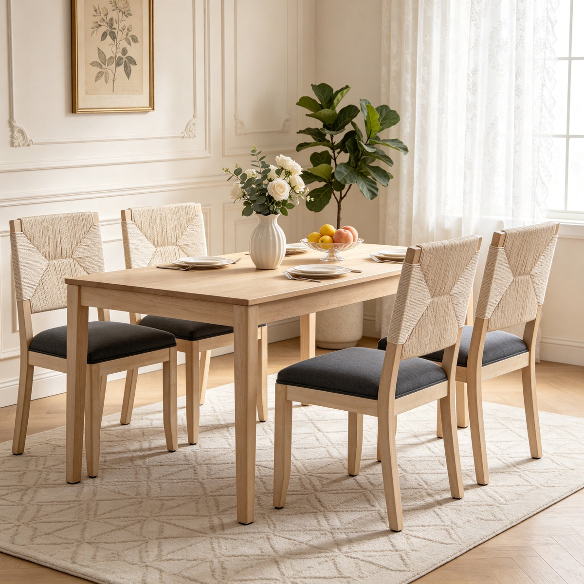 Dining Chairs Set of 2 with Woven Rope Backs and Linen Seats, French