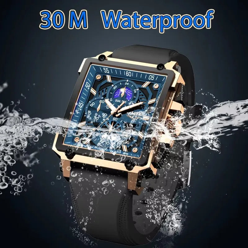 LIGE Mens Watches Brand Luxury Hollow Square Sport Watch For Men Fashion Silicone Strap Waterproof Quartz WristWatch+ Gift Box