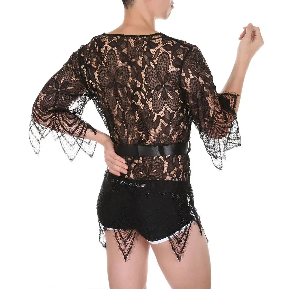 Erotic Nightdresses Sheer Pajamas For Night Use For Sleep Men Sexy Lingerie Pajamas 3 4 Sleeve Nightdresses Nylon Breathable