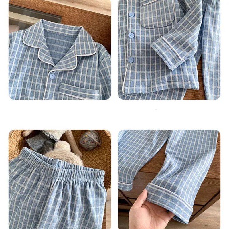 Baby Girl Boy Plaid Pajamas Set Toddler Teens Child Sleepwear Solid Kids Home Suit Spring Autumn Winter Baby Clothes 3-14Y