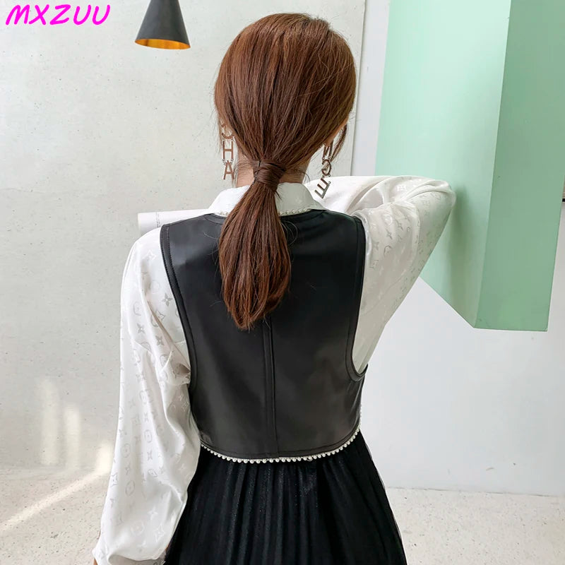 Sleeveless Leather Jacket Spring Autumn Women Real Sheepskin Pearls Decoration Slim Black/Coffee Short Vest Trend Chaleco Mujer