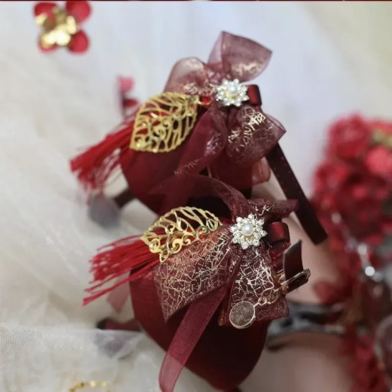 Advanced Red Handmade Romantic and Elegant French Red High Heels Princess Dress High Heels Women's Wedding Shoes